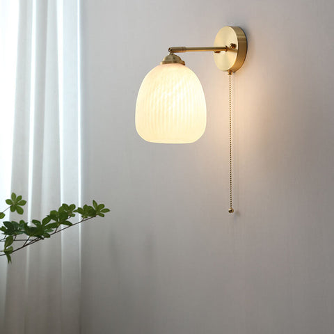 Ribbed Glass Pull-Cord Wall Sconce with Brass Details for Bedrooms