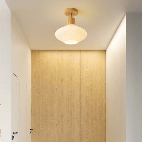 Modern Semi-Flush Ceiling Light with Walnut Wood and Glass Shade