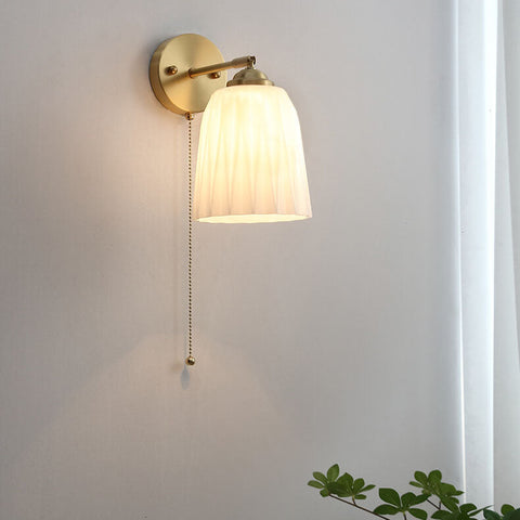 Ribbed Glass Pull-Cord Wall Sconce with Brass Details for Bedrooms