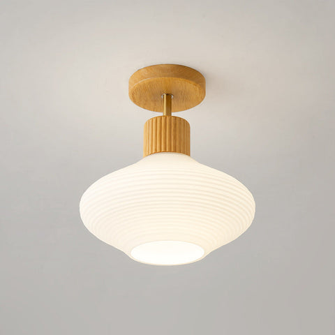 Modern Semi-Flush Ceiling Light with Walnut Wood and Glass Shade