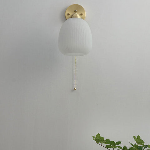 Ribbed Glass Pull-Cord Wall Sconce with Brass Details for Bedrooms
