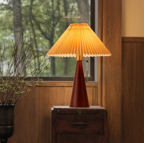 Wooden Table Lamp with Pleated Fabric Shade for Warm Interiors