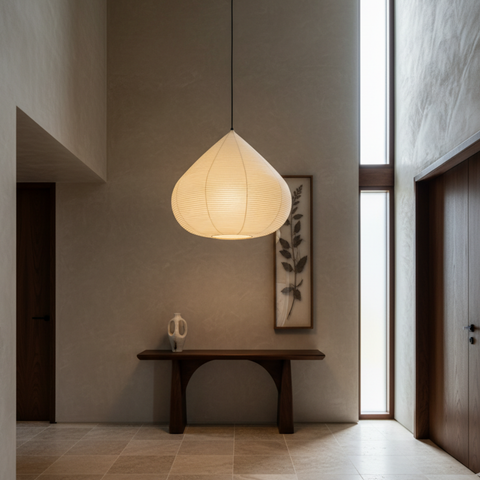 Pendant Light with Ribbed Paper Shade and Adjustable Suspension