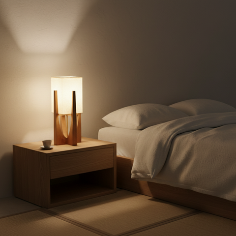 Table and Floor Lamp with Fabric Shade and Cutout Wood Base