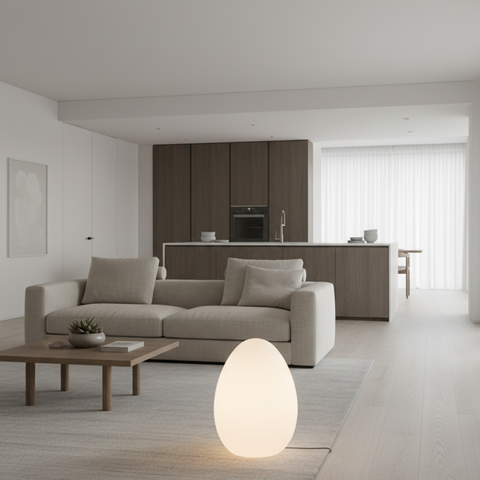 Floor Lamp with Sculptural Egg Shape and Three LED Light Colors