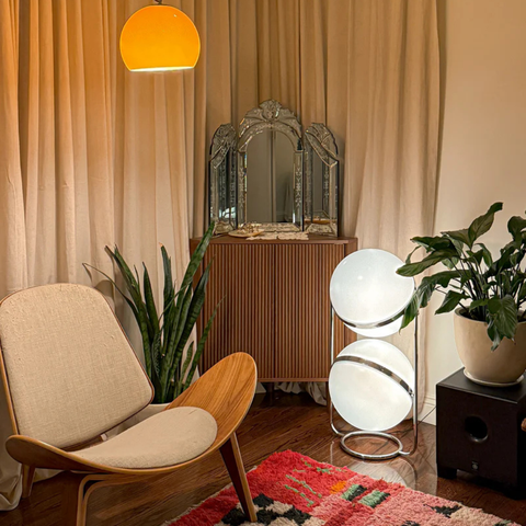 Floor Lamp with Globe Shade and Open Metal Frame