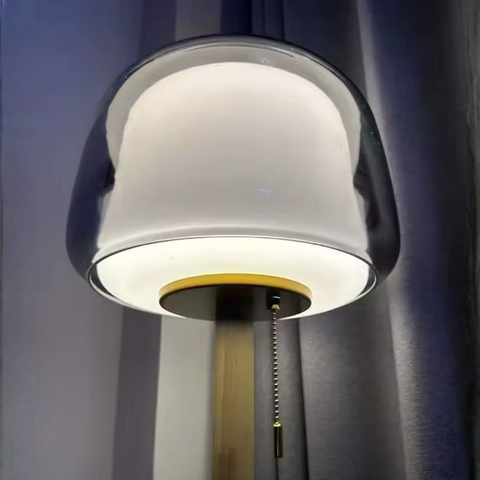 Floor Lamp with Layered Glass Dome and Wood Column Details