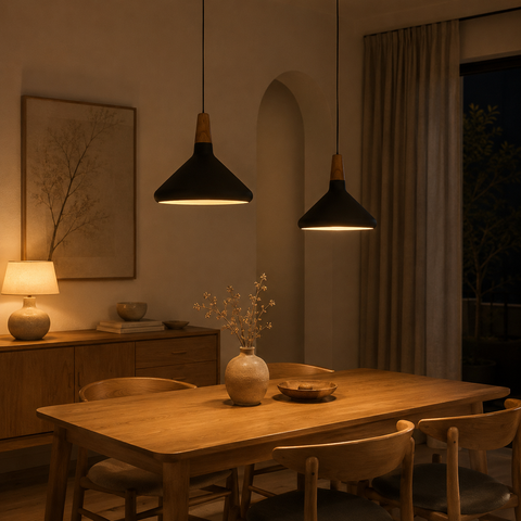 Wood-Accent Aluminum Pendant Light with Three Sizes for Indoor Use