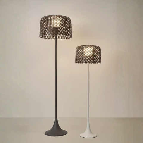Floor Lamp with Woven Rattan Shade and Solar Outdoor Lighting