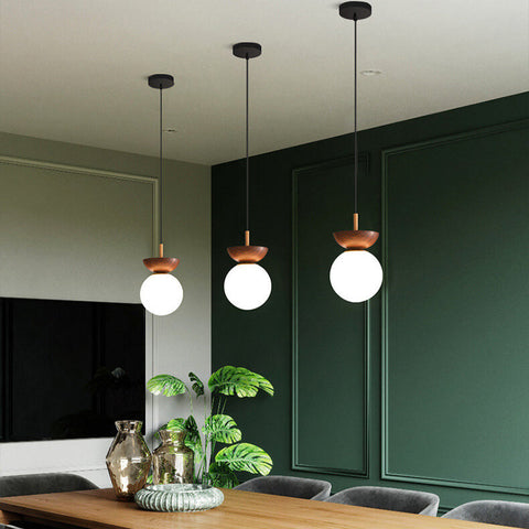 Wood and Glass Globe Ceiling Light for Bedrooms and Dining Areas