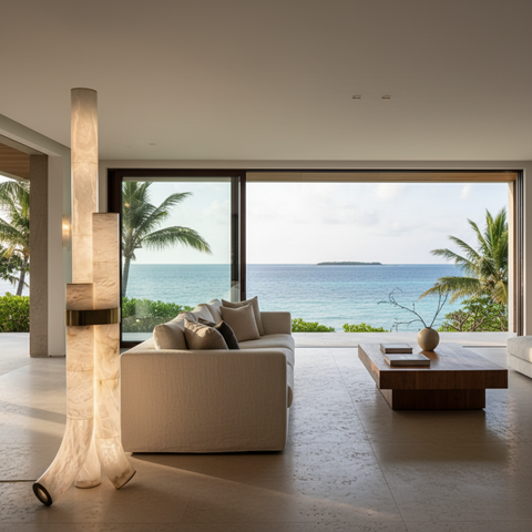 Floor Lamp with Veined Stone Shades and Curved Column Design