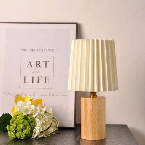 Pleated Fabric Table Lamp with Wood Base and Cylinder Shade