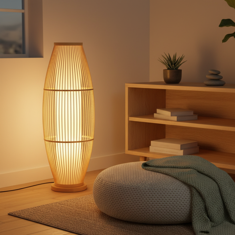 Table and Floor Lamp with Bamboo Slat Shade and Warm LED Light