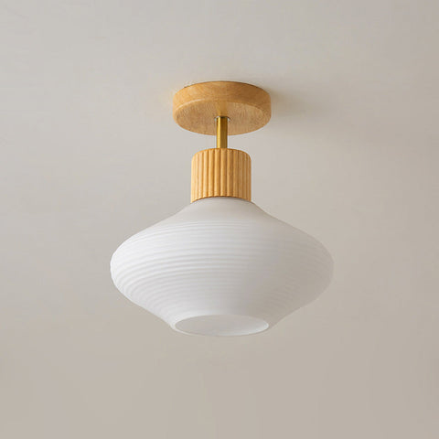 Modern Semi-Flush Ceiling Light with Walnut Wood and Glass Shade