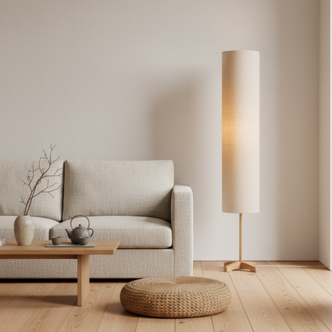 Floor Lamp with Tall Fabric Shade and Crossed Wood Base