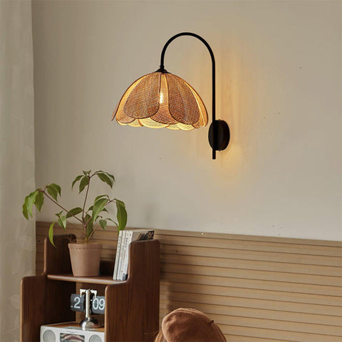Retro Rattan Wall Light with Metal Frame for Bedroom