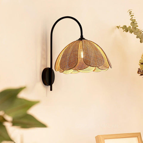 Retro Rattan Wall Light with Metal Frame for Bedroom