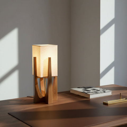 Table and Floor Lamp with Fabric Shade and Cutout Wood Base