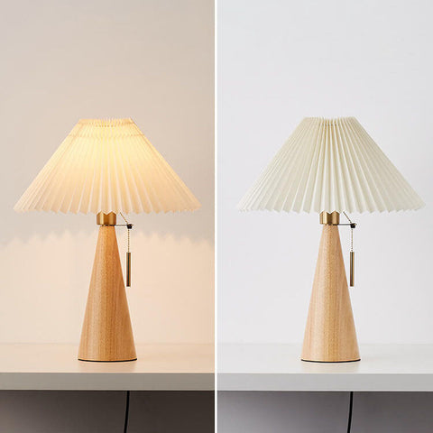 Wooden Table Lamp with Pleated Fabric Shade for Warm Interiors