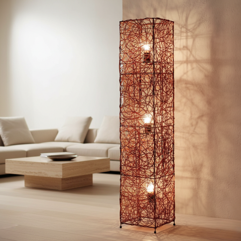 Floor Lamp with Woven Column Shade and Three Light Sources