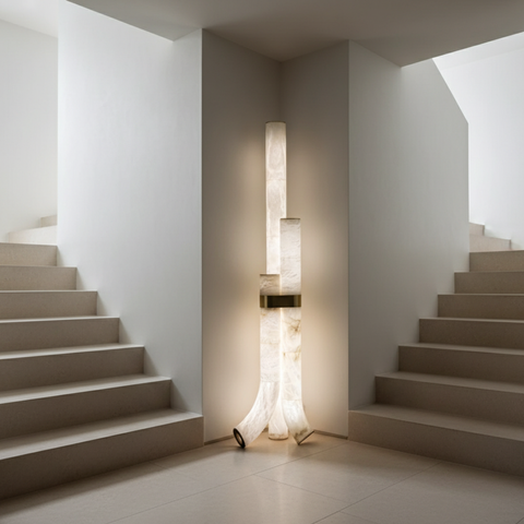Floor Lamp with Veined Stone Shades and Curved Column Design
