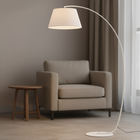 Arc Floor Lamp with Fabric Shade and Curved Metal Stem