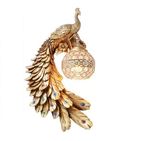 Peacock Wall Sconce with Crystal Globe and Resin Detail for Interiors