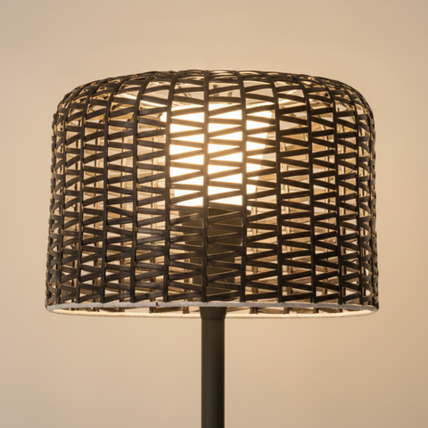 Floor Lamp with Woven Rattan Shade and Solar Outdoor Lighting