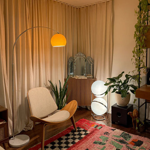 Floor Lamp with Globe Shade and Open Metal Frame