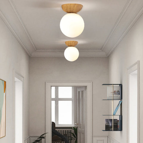 Wood and Glass Globe Ceiling Light for Bedrooms and Dining Areas