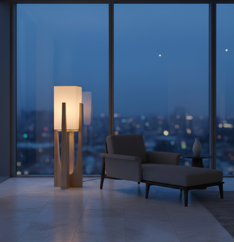 Table and Floor Lamp with Fabric Shade and Cutout Wood Base