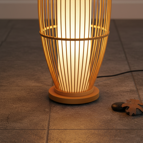 Table and Floor Lamp with Bamboo Slat Shade and Warm LED Light