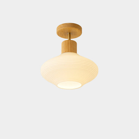 Modern Semi-Flush Ceiling Light with Walnut Wood and Glass Shade