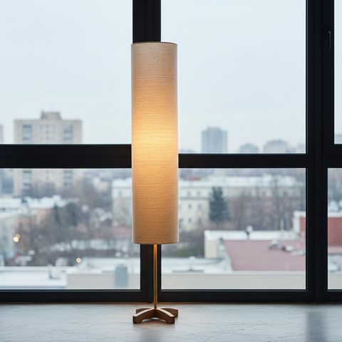Floor Lamp with Tall Fabric Shade and Crossed Wood Base