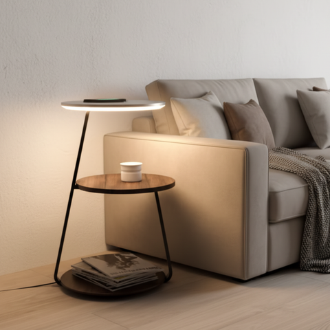 Side Table Lamp with LED Ring and Wireless Charging