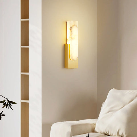 Modern Alabaster LED Wall Lamp with Gold Metal Frame, Minimalist Hardwired Sconce for Bedroom and Hallway