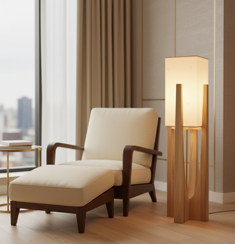 Table and Floor Lamp with Fabric Shade and Cutout Wood Base
