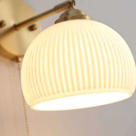 Ribbed Glass Pull-Cord Wall Sconce with Brass Details for Bedrooms