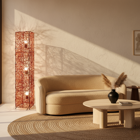 Floor Lamp with Woven Column Shade and Three Light Sources