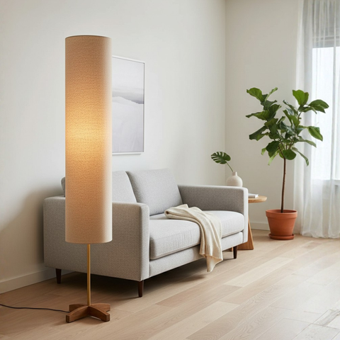 Floor Lamp with Tall Fabric Shade and Crossed Wood Base
