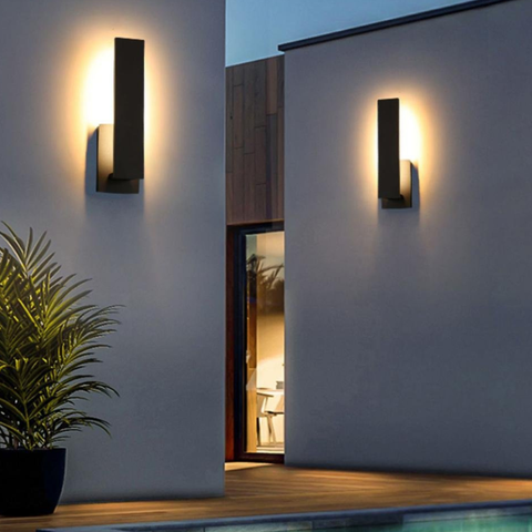 Outdoor Wall Sconce with Offset Metal Panel and LED Backlight