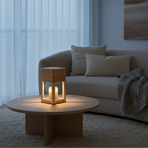 Candle Warmer Lamp with Open Wood Frame and Adjustable Brightness