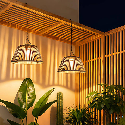Vintage Rattan Pendant Light with Solar Hanging Lamp for Garden