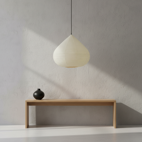 Pendant Light with Ribbed Paper Shade and Adjustable Suspension