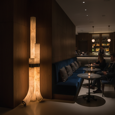 Floor Lamp with Veined Stone Shades and Curved Column Design