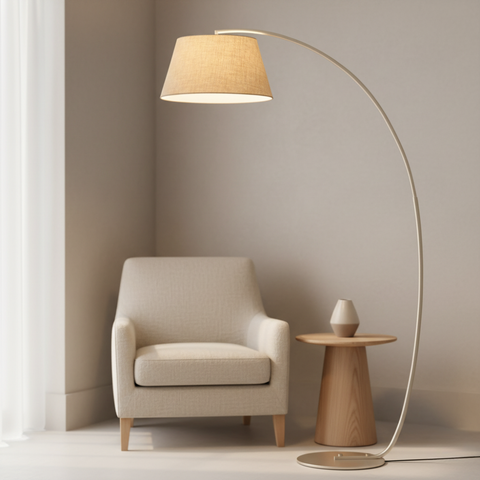 Arc Floor Lamp with Fabric Shade and Curved Metal Stem