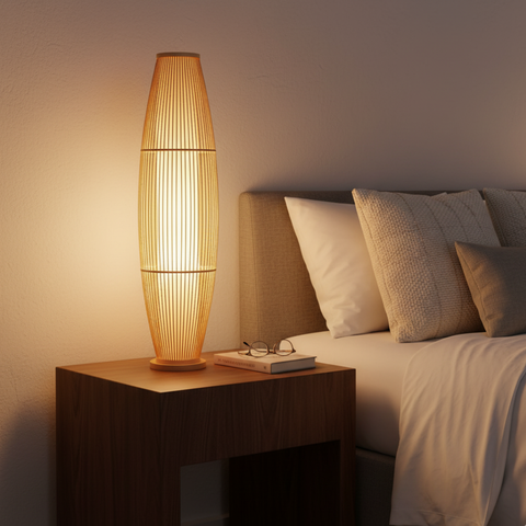 Table and Floor Lamp with Bamboo Slat Shade and Warm LED Light