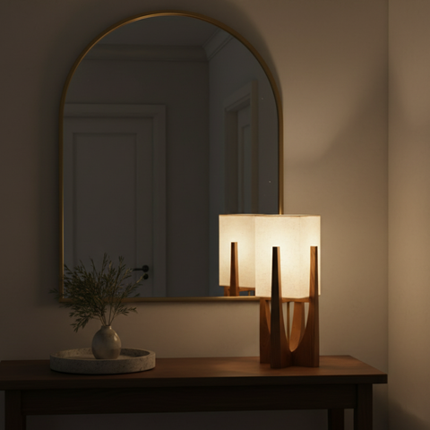 Table and Floor Lamp with Fabric Shade and Cutout Wood Base