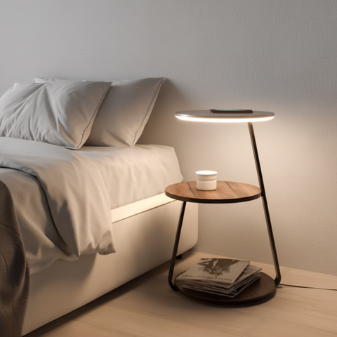 Side Table Lamp with LED Ring and Wireless Charging
