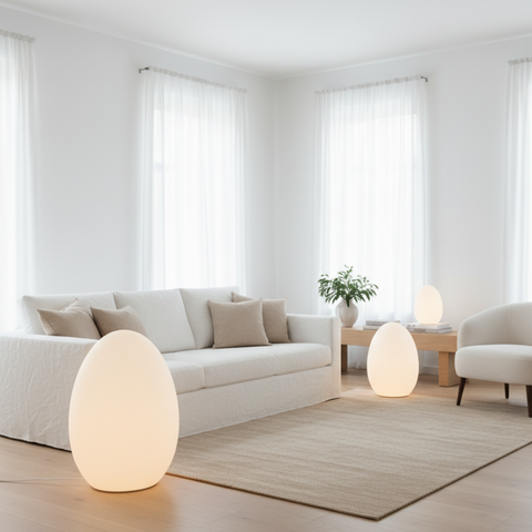 Floor Lamp with Sculptural Egg Shape and Three LED Light Colors